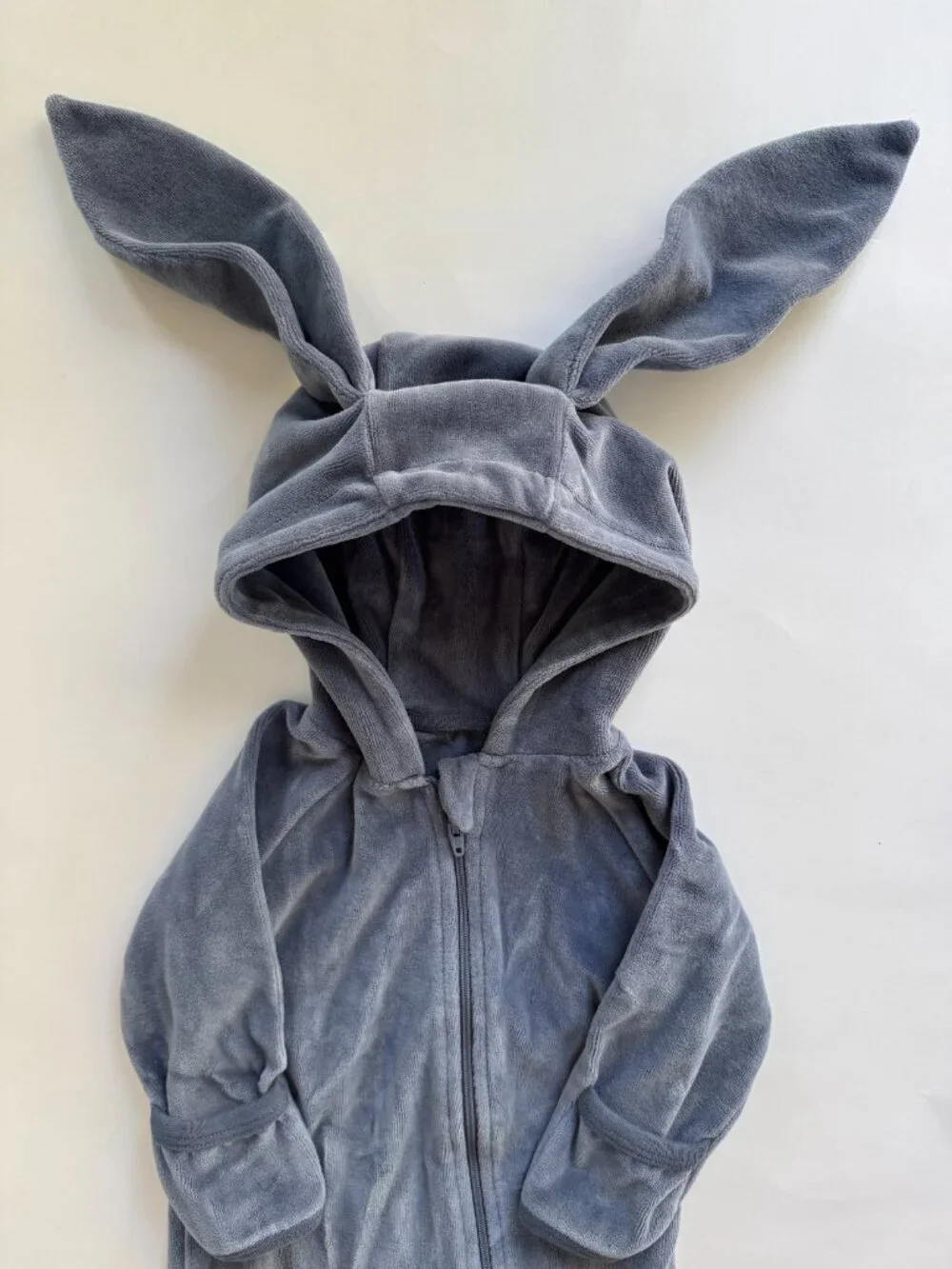 Baby Bunny Ears Hooded Velour Footed Romper Gray Zip Fits 6-12M EUC